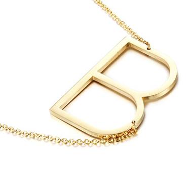 Imagem de MOMOL Colar com inicial lateral, banhado a ouro 18 K, aço inoxidável, letras grandes, pingente de letras grandes, colar de monograma com nome escrito para mulheres, Banhado a ouro, Sem Pedra Preciosa