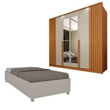 Imagem de Guarda-Roupa 6 portas com Espelho Ripado Nova York e Cama Solteiro Monaco Espresso Móveis Cinamomo/Off White