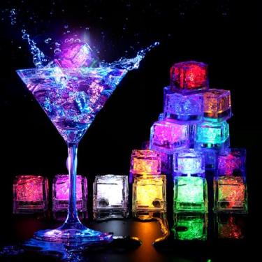 Imagem de Cubos de gelo iluminados para bebidas, 12 peças de cubos de gelo de LED ativados por líquido, cubos de gelo à prova d'água que brilham no escuro para casa, suprimentos de bar, decoração de festa de verão de casamento ( - 12 peças)