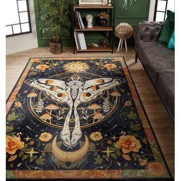 Imagem de Ouyattle Tapetes laváveis místicos Luna Moth ultrafinos, boêmio, pretos, florais, estéticos, para quarto, vintage, hippie, celestial, moderno, independente, para dormitório, retrô, fofo, 3 x 5 para