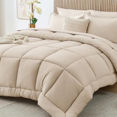 Imagem de Sasttie Conjunto de edredom solteiro, 5 peças, cama em uma bolsa, conjunto completo de edredom, lençol de cima, lençol com elástico, fronha e fronha, bege