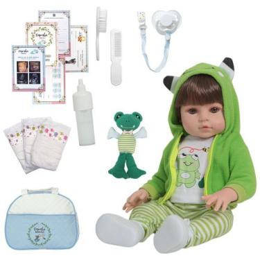 Imagem de Bebê Reborn Masculino Cabelo Castanho Roupa Sapinho 46cm - Cegonha Reb