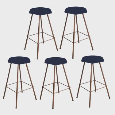 Imagem de Kit 05 Banqueta Alta Lari Eiffel Hexágono Bancada Bar Balcão Bistrô Ferro Bronze Suede Azul Marinho - Ahz Móveis