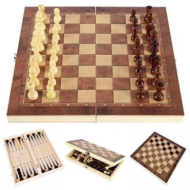 Imagem de Conjunto de xadrez, jogos de tabuleiro de xadrez de madeira de armazenamento dobrável, xadrez de madeira de 15, 3 em 1 jogo de tabuleiro de xadrez par