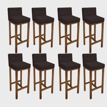 Imagem de Kit 08 Banqueta Alta Com Encosto Alba Cozinha Balcão Bistrô Base Madeira Castanho Corino Marrom - Ahz Móveis