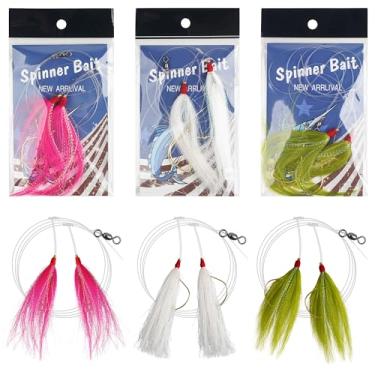 Imagem de Plataformas de isca de pesca de água salgada com Bucktail Mylar Teaser Rigs Sea Bass Hi/Lo Mylar Bucktail Teasers Hook Rig para robalo, surf, pesca oceânica (Bucktail-3 peças)