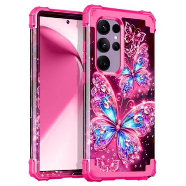 Imagem de Miqala Capa para Samsung Galaxy S24 Ultra 5G Rosa | Brilha no escuro, três camadas, resistente, à prova de choque, proteção total, amortecedor de plástico rígido, silicone macio, capa protetora, 6,8