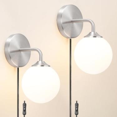 Imagem de DSMJFU Conjunto De 2 Arandelas Parede Modernas Níquel Escovado, Luminária Com Abajur Vidro Globo Branco Leitoso, Cabo Tomada, Art Déco Para Quarto, Sala Estar E Corredor