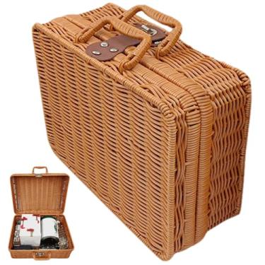 Imagem de Mini cesta de piquenique com tampa – Cesto de vime tecido com trava de alça de couro, transporte de plástico retrô para passeios e armazenamento, 21 x 16 x 9 cm
