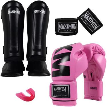 Imagem de Kit Luva Muay Thai Mxm Pink + Caneleira Muay Thai Classic Black + Band