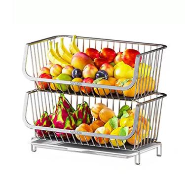 Imagem de Cesta de frutas de bancada de 2 camadas, rack de frutas e vegetais de aço inoxidável 304, cesta de arame empilhável de prata, prateleiras empilháveis, prateleira de armazenamento de alimentos vegetais