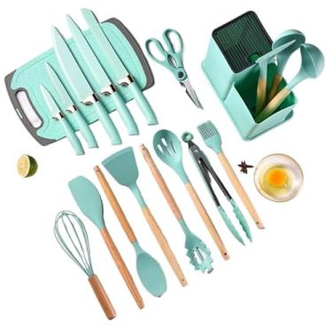 Imagem de Kit Completo Jogo de Cozinha Luxo 19 Peças Com Tábua em Silicone Espátula Faca Tesoura Utensílios(TIFFANY)