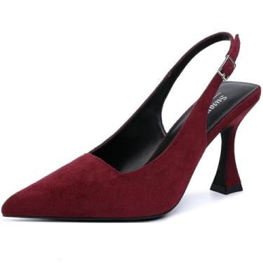 Imagem de Susanny Salto Slingback Elegante Elegante Gatinho Sapato Feminino Fechado Bico Fino Sexy Salto Alto Grosso Casamento Noiva Festa Baile Trabalho Sapatos, Camurça vinho, 40