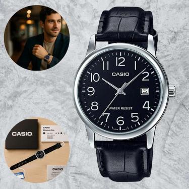 Imagem de Relógio Casio Masculino MTPV002L1BUDF Pulseira de Couro Preto Estilo Elegante Clássico Social Casual Resistente Água