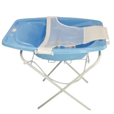 Imagem de BANHEIRA PARA BEBÊ 25 LITROS COM VÁLVULA SUPORTE E REDE ROSA AZUL BRANCA (Azul + Suporte Branco)