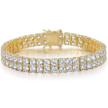 Imagem de Gemsme Pulseiras de tênis femininas e masculinas, banhado a ouro amarelo 18K, banhado a ouro branco, 2 fileiras 3,0, pulseira de tênis de zircônia cúbica redonda com gelo hip hop, 8.5 inch, Latão,