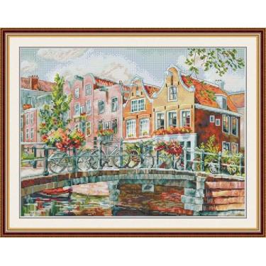 Imagem de Benway Kit avançado de ponto cruz com contagem de 14 quilates, kit de bordado, tapeçaria de parede, kit de bordado de ponta de agulha, presente para avó Amsterdã Canals 44 × 34 cm (17,32" x 13,39")