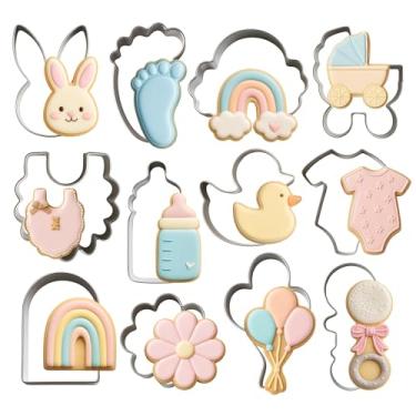 Imagem de Conjunto de cortadores de biscoito de aço inoxidável prata de 12 peças – Cortador de material durável de grau alimentício para chá de bebê de 5 a 8 cm, formas adoráveis, perfeitas para revelação de