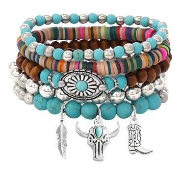 Imagem de WCRAZYE Pulseiras femininas Western Cowgirl feitas à mão turquesa cabeça de boi botas de vaca com contas empilháveis pulseiras elásticas joias boêmias presentes, Medium, Vidro Vidro Turquesa Cordão