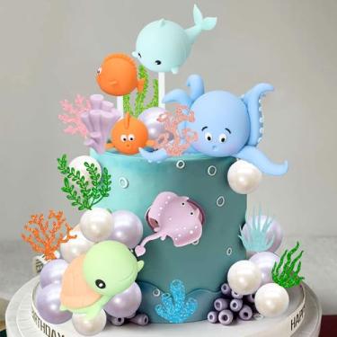 Imagem de Gyufise 25 peças decorações de bolo debaixo do mar, animais do oceano, tartaruga, peixe, bolo, bolo, bolos, decorações para tema submarino, meninos, meninas, chá de bebê, artigos de festa de