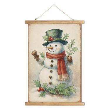 Imagem de MIDEFINCH Pôster vintage de Natal de boneco de neve, arte de parede de férias com folhas de azevinho, lenço vermelho e chapéu verde, impressão em tela de linho com cabide de madeira maciça para sala