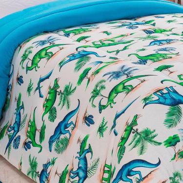 Imagem de Edredom Fantasy Dinossauro Solteiro Infantil Tecido Malha 100% Algodão Macio Antialérgico - Azul