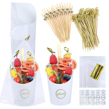 Imagem de 100 copos de charcutaria com palitos + 200 palitos de coquetel, suporte descartável para batatas fritas com palitos de bambu, 350 ml, papel kraft marrom, para aperitivo, acessórios para tabuleiros de