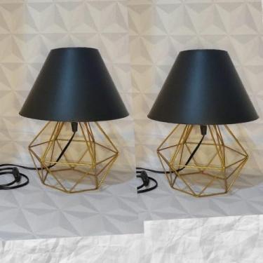 Imagem de Abajur Pequeno luminária Com Aramado Retrô Ideal Para Quarto Diamante KIT 2 (Dourado Cupula Preto)