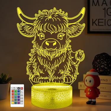 Imagem de OkiyiD Presentes de gado Highland para meninos, luz noturna 3D Highland Cattle com controle remoto de 16 cores e controle de toque, decoração de quarto infantil, presente de aniversário