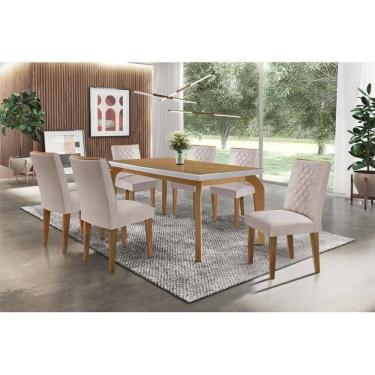 Imagem de Sala De Jantar Completa Londrina Tampo Madeirado Com Vidro 180x90cm E 6 Cadeiras Jade Capuccino-linho Bege Turim - Rufato