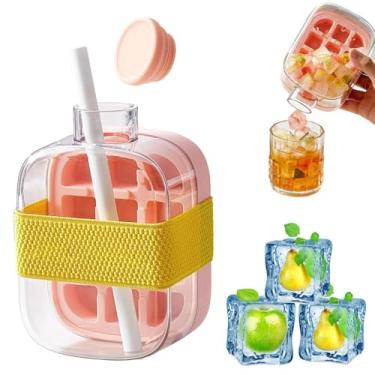 Imagem de Garrafa de cubo de gelo, garrafa de água 2 em 1 com tampa e lixo, copo de garrafa de gelo, bandeja vertical de cubo de gelo fácil de pressionar para liberar com tampa para freezer (rosa)