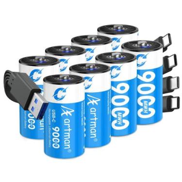 Imagem de Baterias de lítio C recarregáveis Artman, pacote com 8, 9000 mWh e 1,5