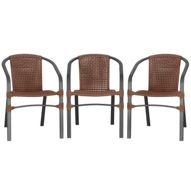Imagem de 03 Cadeiras Floripa Alumínio Pintura Preta Trama Marrom