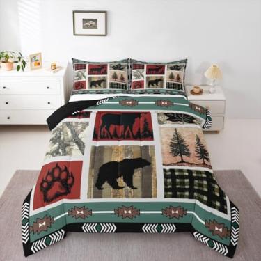 Imagem de Feelyou Conjunto de edredom queen com alce de urso, rústica, cabana, para crianças, meninos, meninas, xadrez, edredom macio, leve, microfibra para decoração de quarto