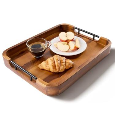 Imagem de TIDITA Bandeja otomana para sala de estar – Bandeja retangular de 43 x 33 cm com alças – Bandeja de madeira para mesa de café, sala de estar, café da manhã na cama – Bandejas decorativas para otomano