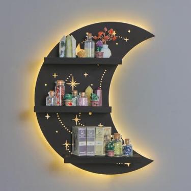 Imagem de Prateleira de lua crescente com luz LED, prateleira de exibição de bugigangas e luz de parede de lua para exibição de pedras, pedras de cura, cristais, decoração celestial, suporte de cristal