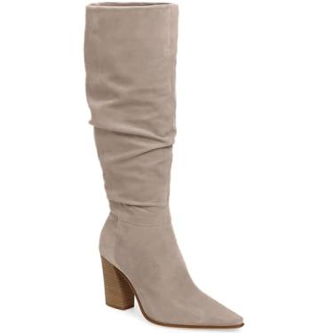 Imagem de PiePieBuy Botas femininas de camurça sintética na altura do joelho, bico fino, salto grosso, zíper lateral, vestido de festa, Cinza-claro, 39