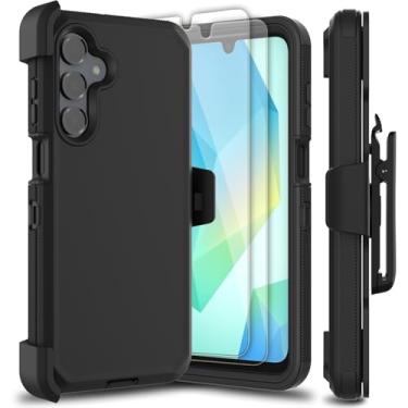 Imagem de Leptech Capa para celular Samsung Galaxy A16 5G com 2 unidades de protetor de tela de vidro temperado, [série coldre com clipe de cinto] Capa protetora para celular resistente à prova de choque (preta