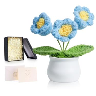 Imagem de ZHIYUXI Lírio azul profundo do vale flor de crochê artificial orquídea decoração de mesa presentes para mulheres, flores eternas feitas à mão, flor de malha para painel de carro, decoração de