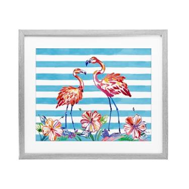 Imagem de Stupell Industries Impressão emoldurada de flamingos escovados e hibisco cinza design sob vidro por Paul Brent, 13 x 16