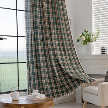 Imagem de Erbnaryx Cortina xadrez 140 cm L x 213 cm C, bolso para varão de privacidade com filtro de luz de 2 painéis, borlas vintage feito à mão. Cortina tartã texturizada para sala de estar e quarto (verde