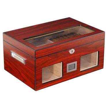 Imagem de Caixa Umidificadora Premium para Charutos, Madeira Vermelha, com Higrômetro Digital, Vidro Temperado, Acabamento em Cedro, Design Luxuoso