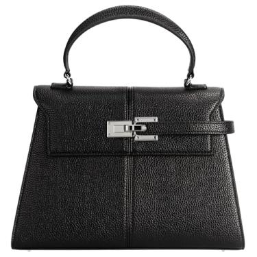 Imagem de Bolsas femininas com alça superior – Design vintage de couro vegano com alça ajustável, bolsa tiracolo fashion, Obsidiana preta, Large