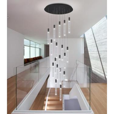 Imagem de cenozo Lustres modernos de 18 luzes para entrada de escadas, LED, regulável, glamouroso, luminosidade, luminária, escada, hall de entrada, sala de estar, sala de jantar, preto