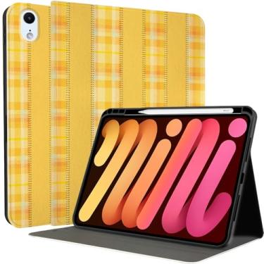 Imagem de MAYCARI Capa para iPad com listras amarelas laranja outono para iPad Mini 6 2021 8,3 polegadas com suporte para lápis feito à mão iPad Mini 6ª geração, capa rígida protetora para iPad de grão fino com