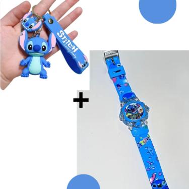 Imagem de Kit Relógio Infantil Digital Led Disney Pisca Luz Toca musica + Chaveiro stitch Lilo Angel 3d Grande emborrachado