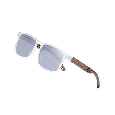Imagem de Barcur Óculos de sol masculinos quadrados de madeira, lentes polarizadas, braço de madeira nogueira, Prata transparente, 55