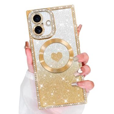 Imagem de Bonoma Glitter magnético para iPhone 16 [compatível com MagSafe], capa retangular de luxo com estampa de coração de amor, proteção de câmera, capa traseira macia brilhante para mulheres e meninas