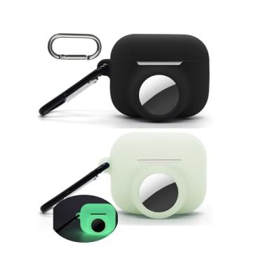 Imagem de [Pacote com 2] Capa para Airpods Pro 3 Air, 2 em 1 para Airpod Pro 3 com suporte para AirTag, capa de silicone para rastreador GPS com 2 mosquetões, brilha no escuro, verde brilhante + preto