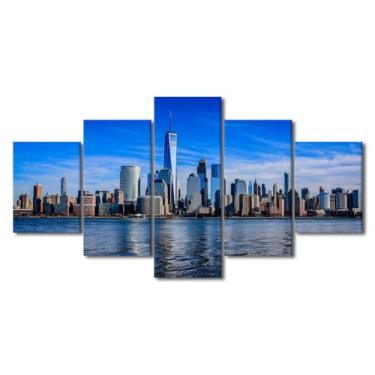 Imagem de Decoração de parede em tela, 5 painéis, arte de parede colorida do horizonte da cidade dos EUA, impressão em tela, pôster de Nova York, para meninos legais, decoração de parede de quarto, esticada e